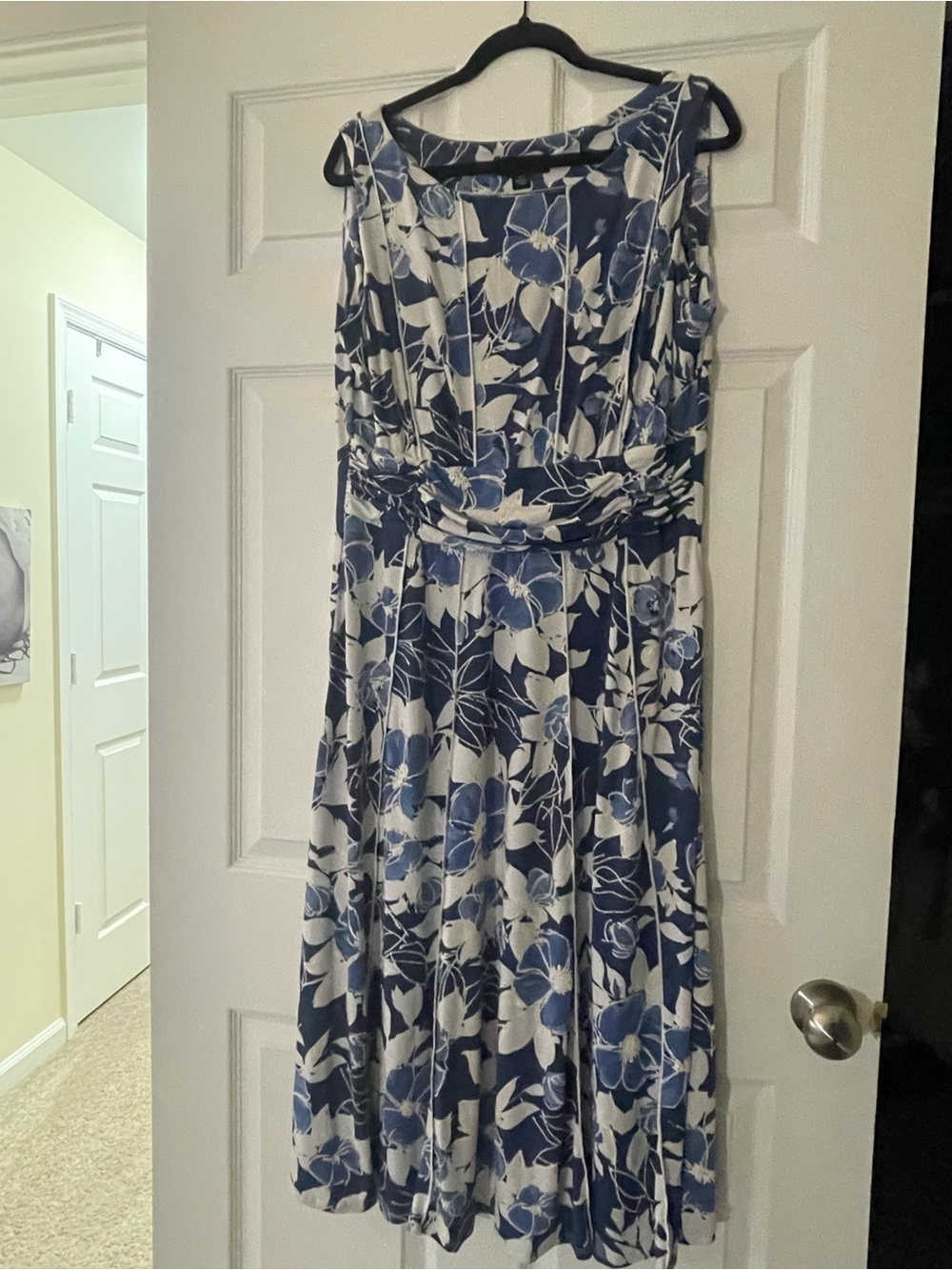 Blue and White Floral Midi Dress with Waist Detail